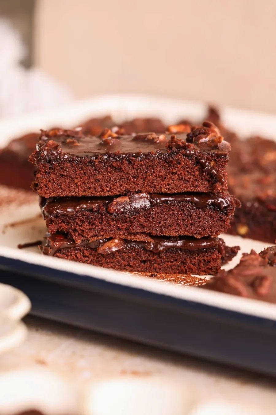 A stack of fudgy chocolate brownies