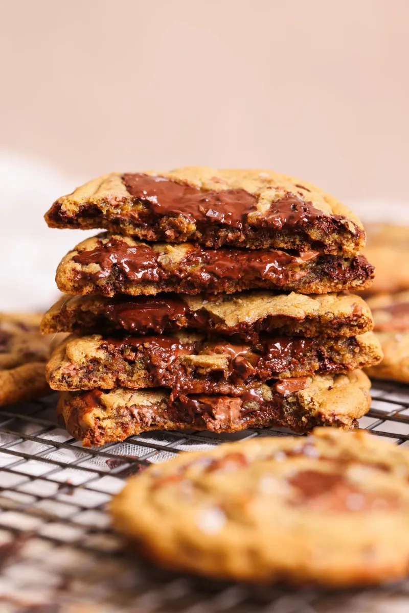 A stack of gooey chocolate chip cookies