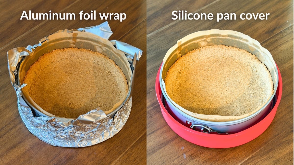 Side-by-side comparison of a springform pan wrapped in aluminum foil on the left and covered with a red silicone pan cover on the right, both containing a baked cheesecake crust.