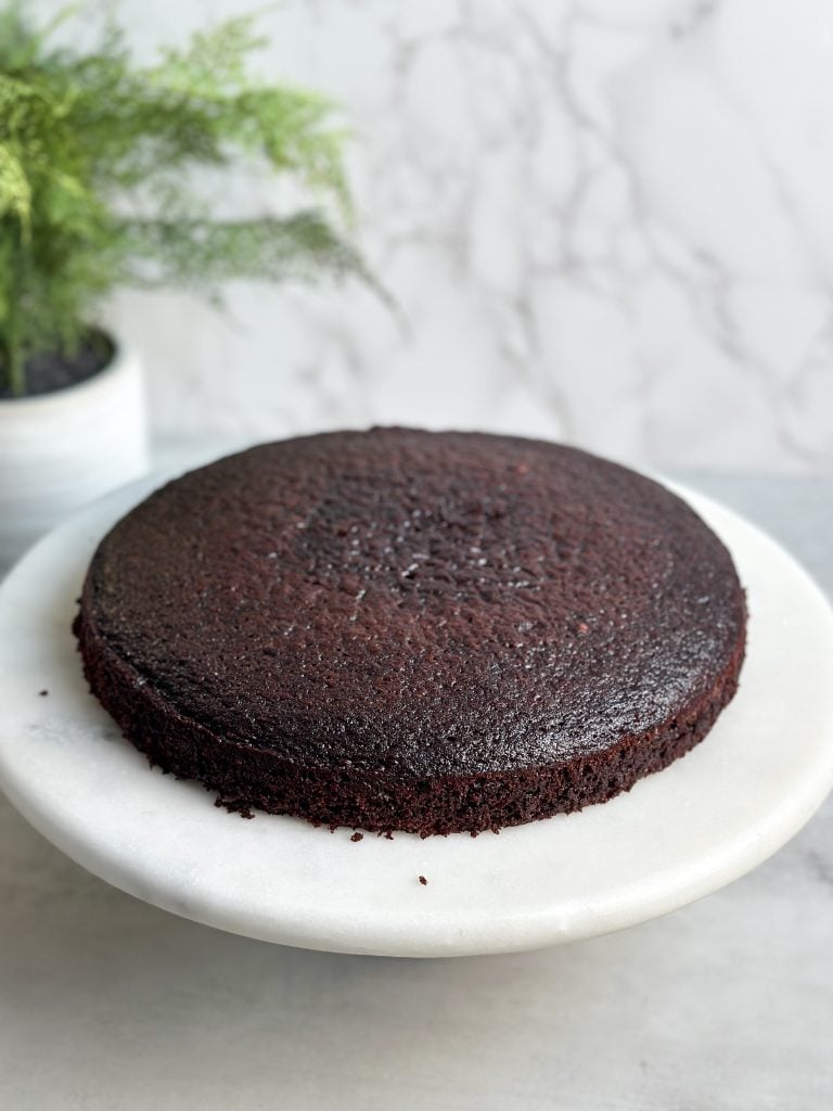 Single layer of chocolate cake on a marble serving stand