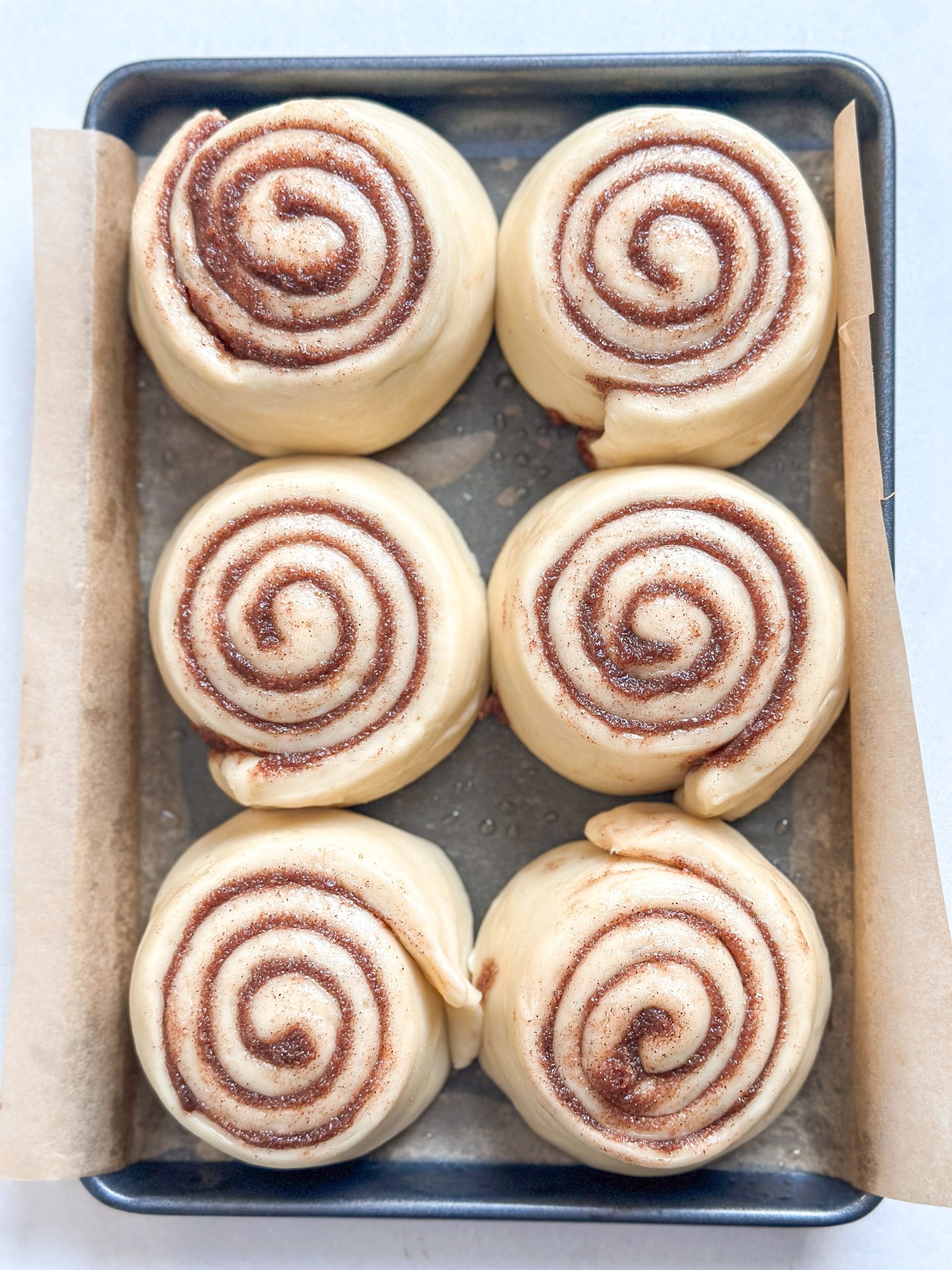 Small batch of 6 proofed cinnamon rolls in an eighth pan