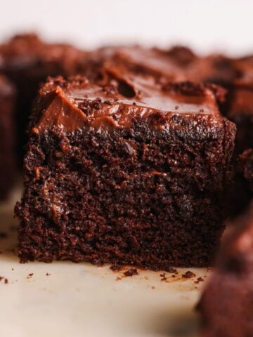 close up of the side of a chocolate cake slice showing its soft and rich texture