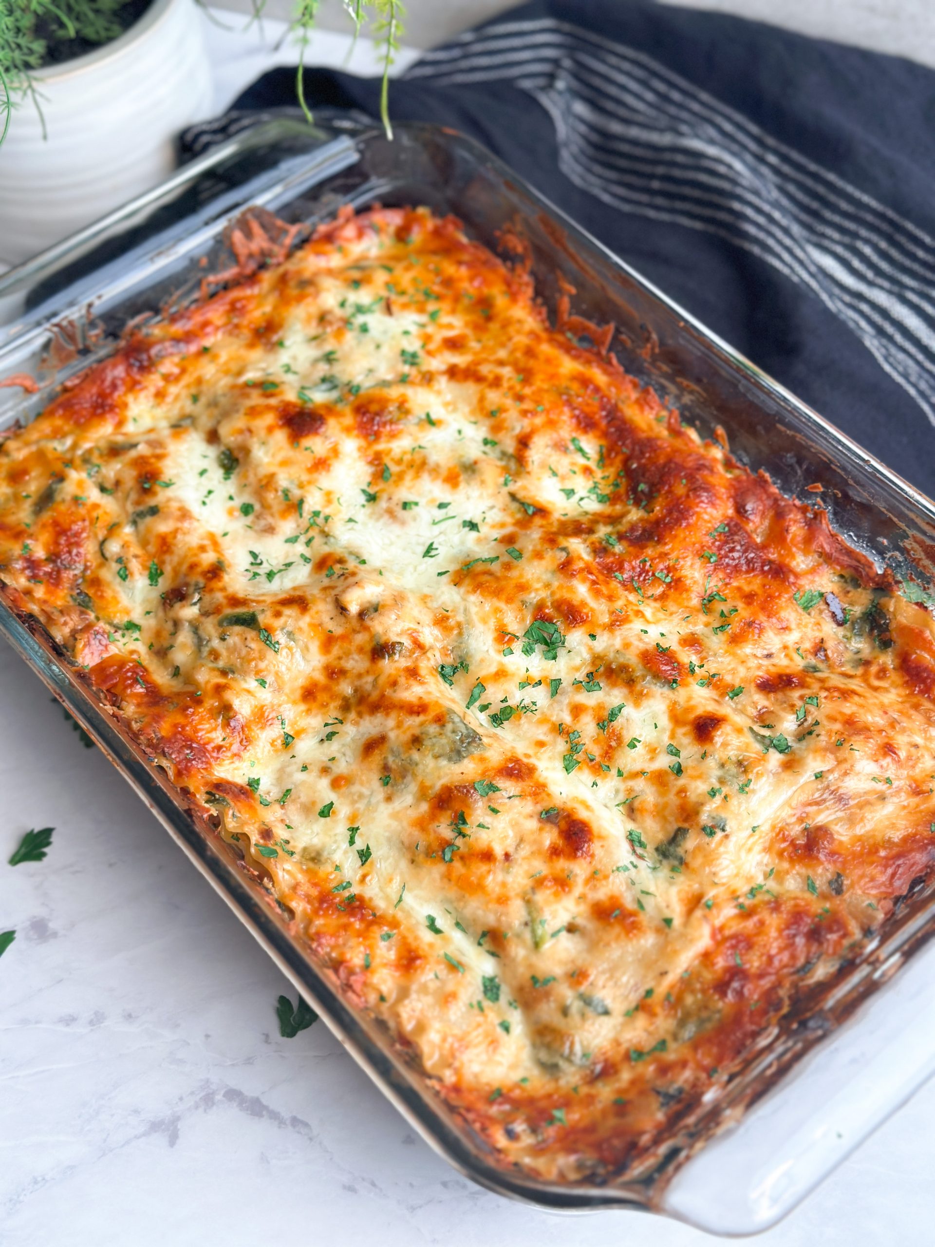 chicken alfredo lasagna baked in a glass dish. lasagna has a golden crispy cheese layer on top. Black cloth in background.