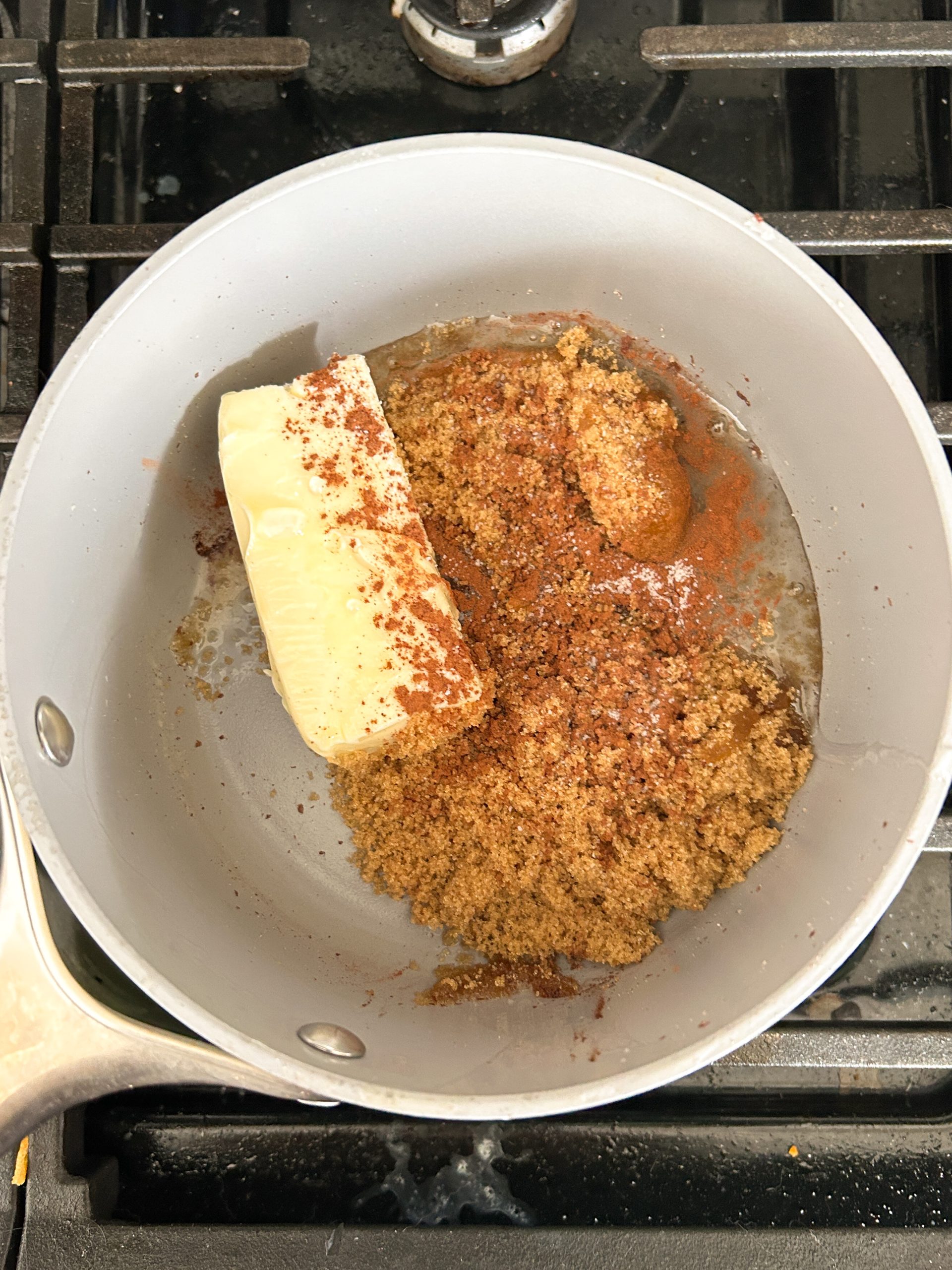 process of making brown sugar caramel in a nonstick pan