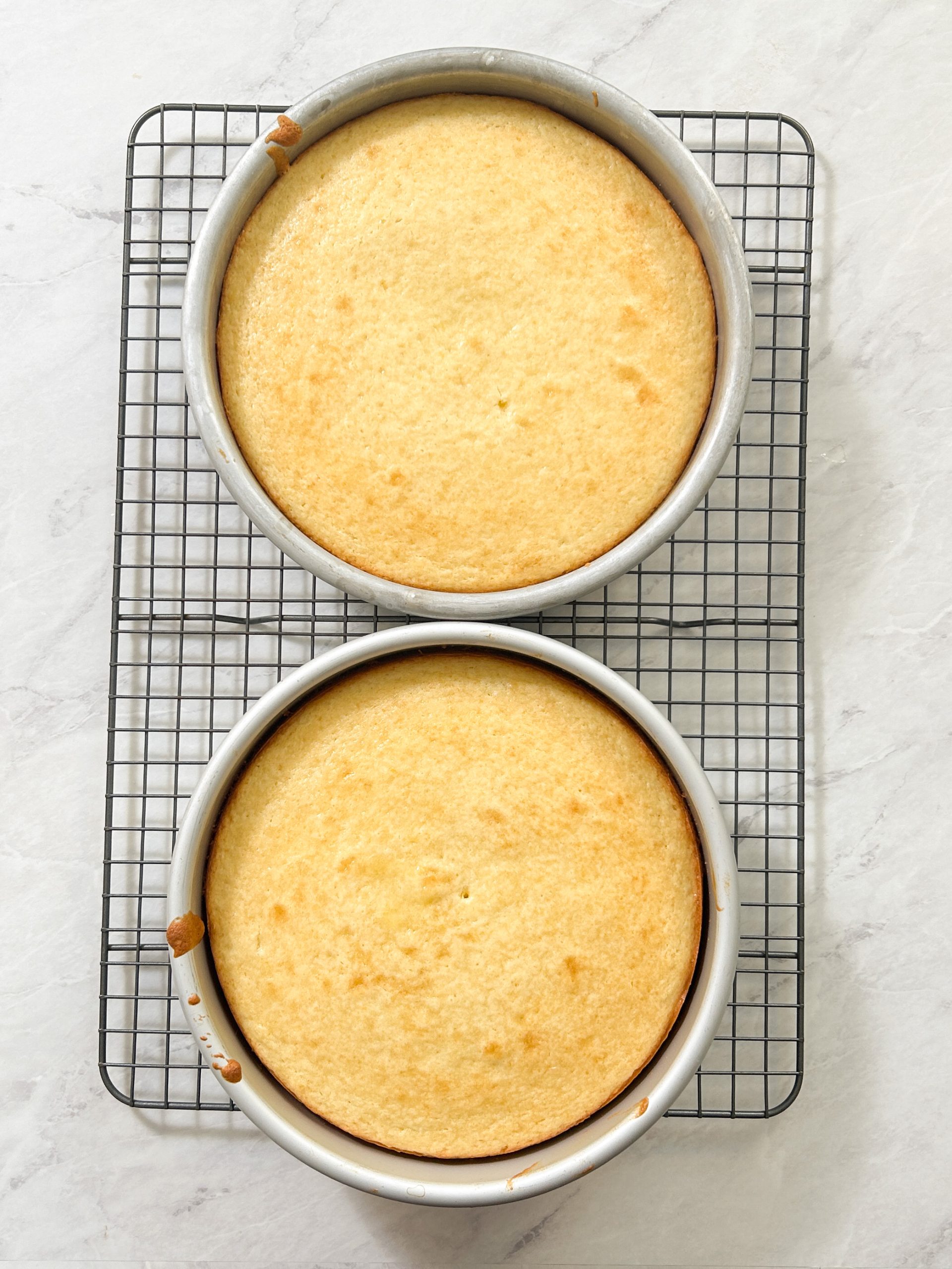 2 baked cakes in 2 cake pans; light golden color