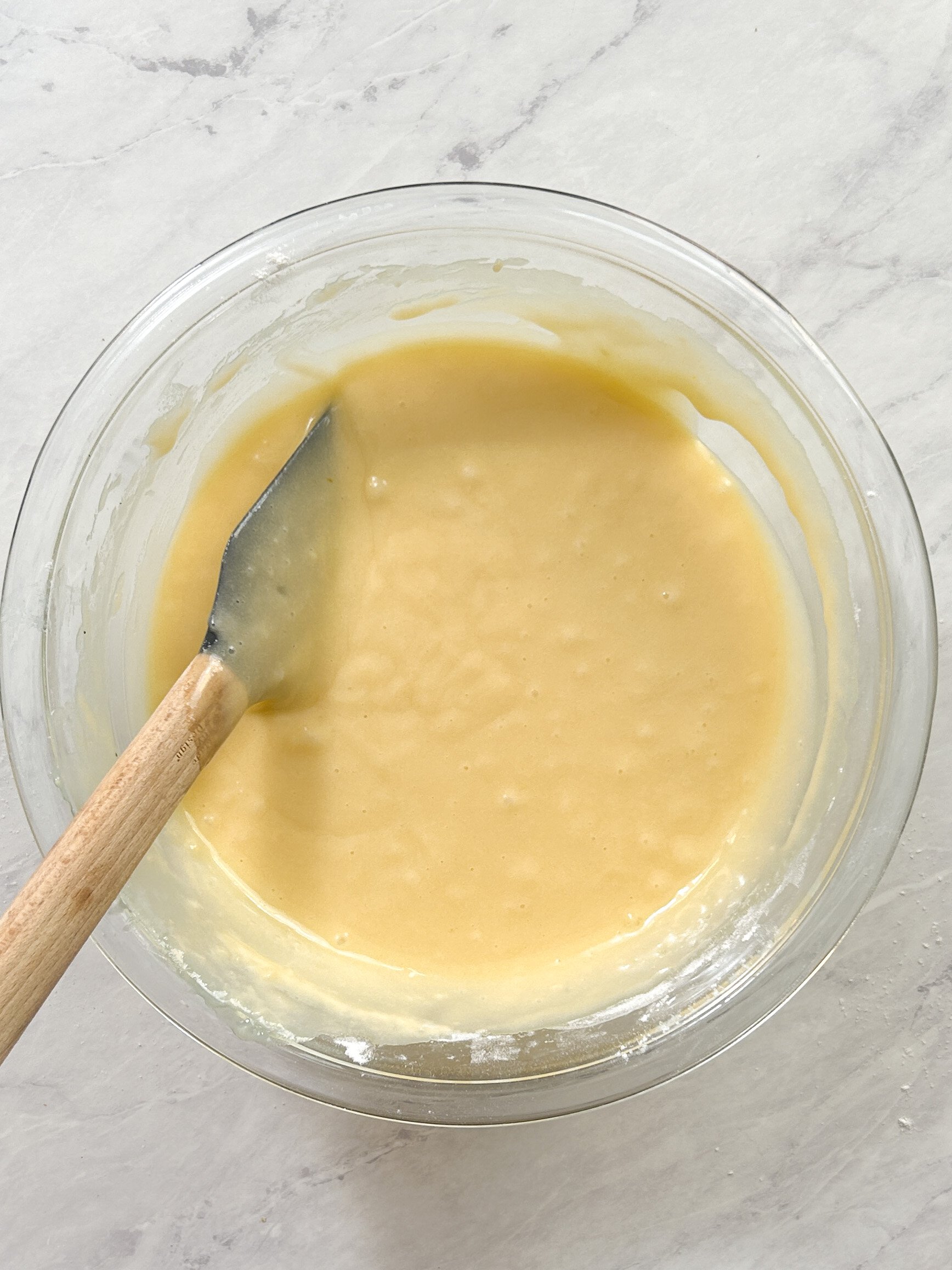 cake batter in a glass bowl