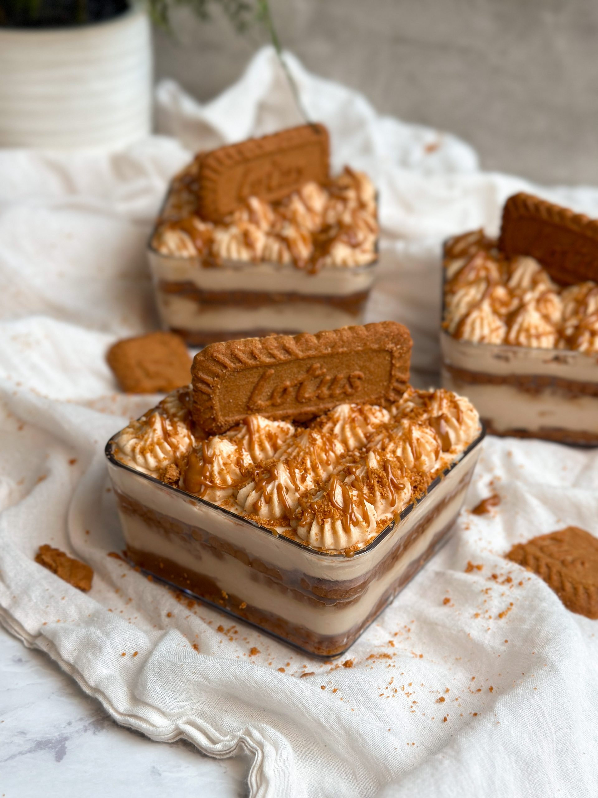 3 square dessert cups with biscoff tiramisu . layers of biscoff cream and cookies seen from the side. decorated with piping and crushed biscoff cookies and drizzled cookie butter. one cup is in focus in the front