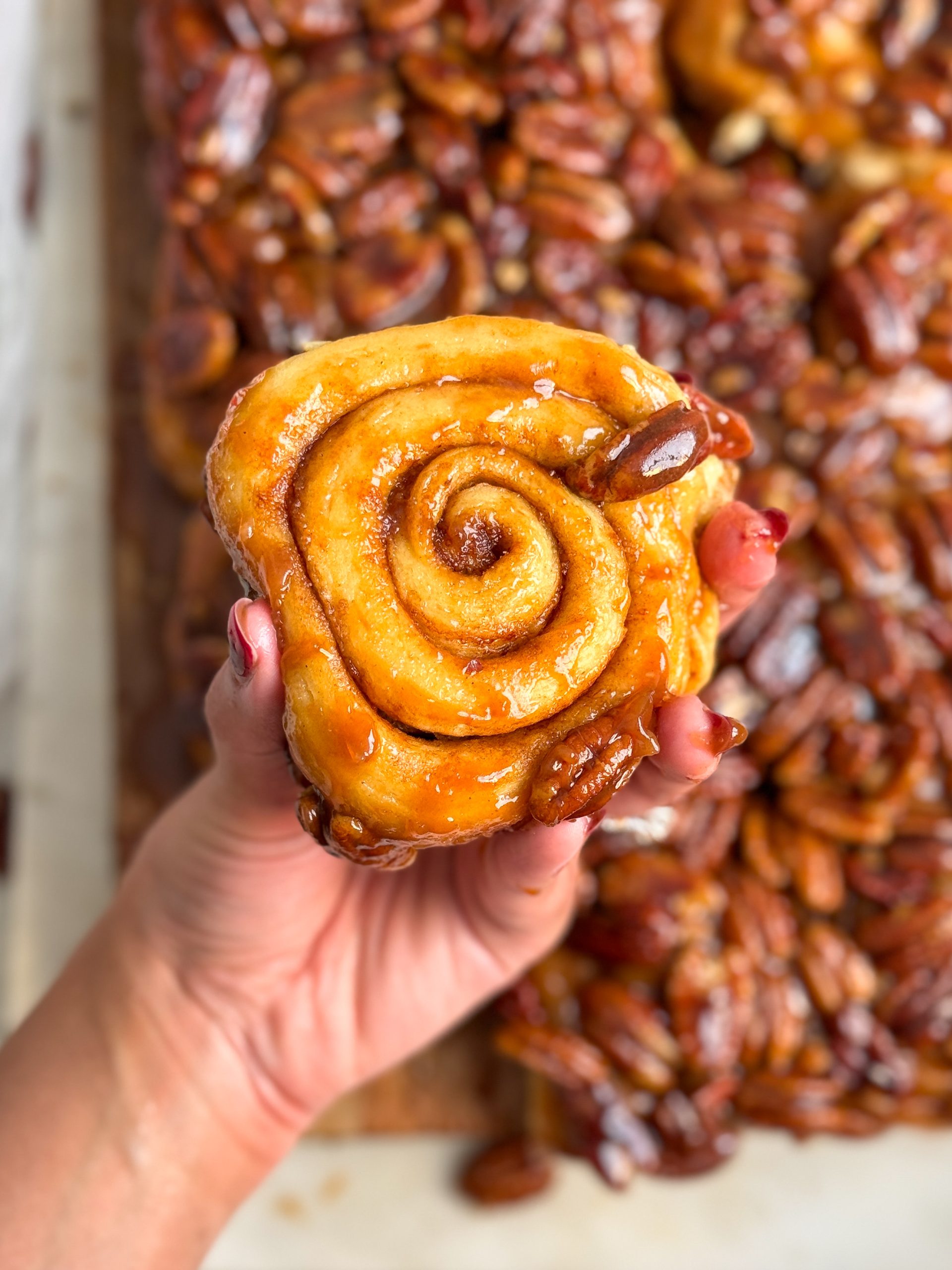 a hand holding one sticky pecan cinnamon bun upside down to show the soft pillowy cinnamon bun with swirls of cinnamon sugar; more are seen in the background