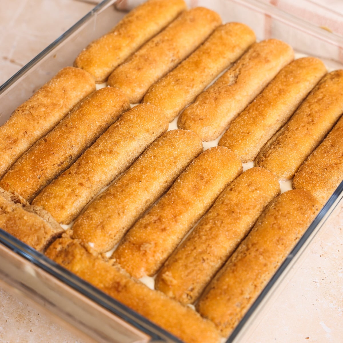 A glass dish filled with neatly arranged ladyfinger biscuits. The biscuits are golden-brown and sit atop a creamy layer beneath.