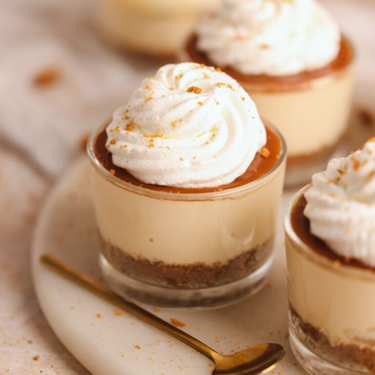 salted caramel cheesecake cup with a swirl of whipped cream on top