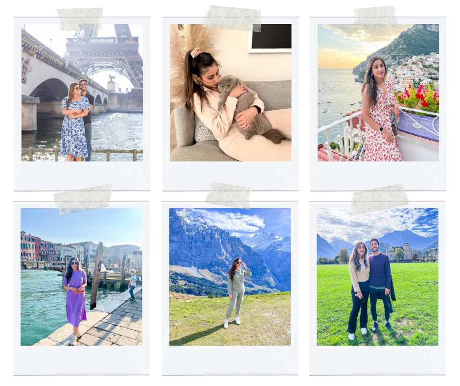 a collage of 6 pictures of Zoha and Shahzeb in different cities