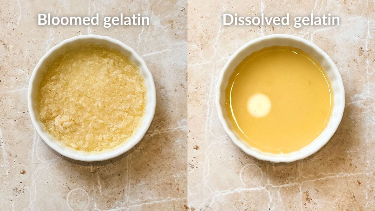 collage of 2 pictures, one bowl with bloomed gelatin and one bowl with dissolved gelatin
