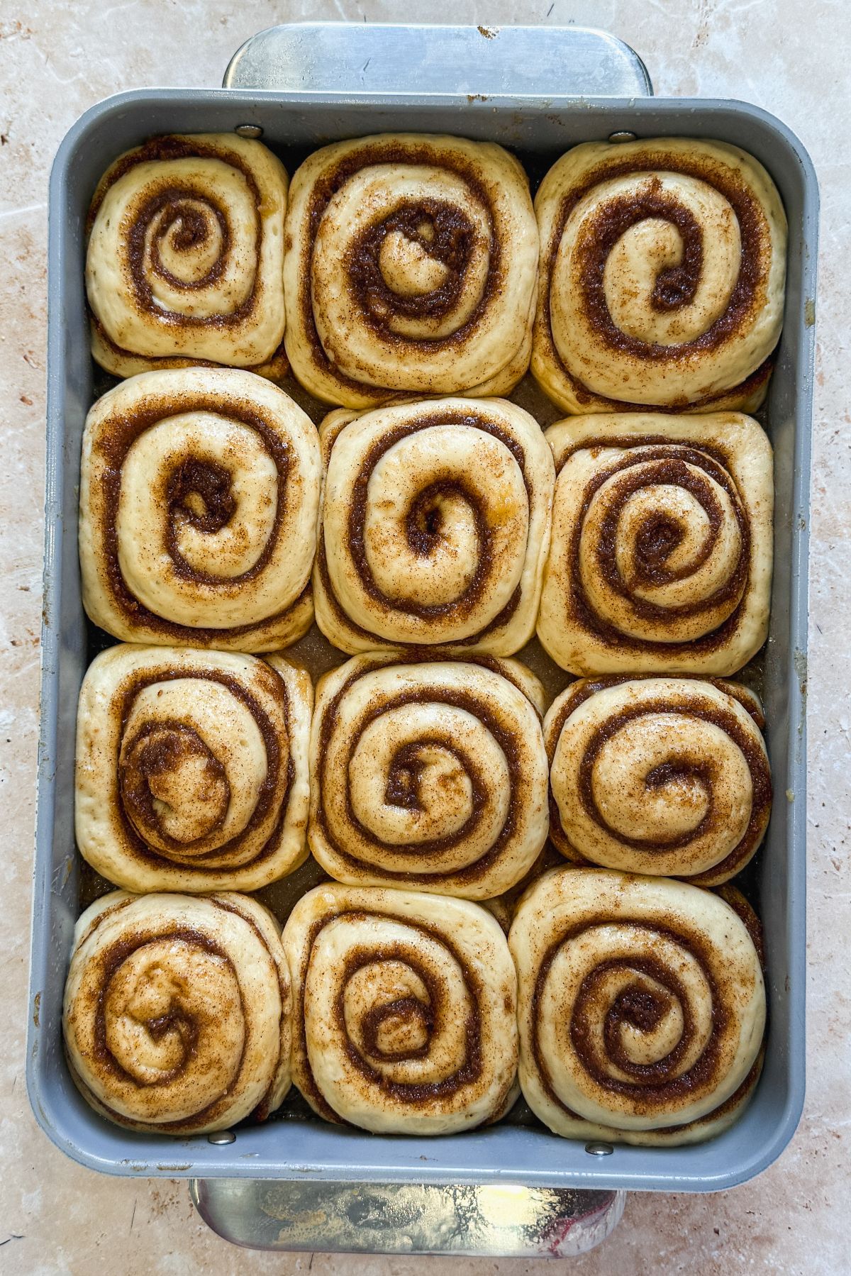 12 banana cinnamon rolls puffed up and ready to bake