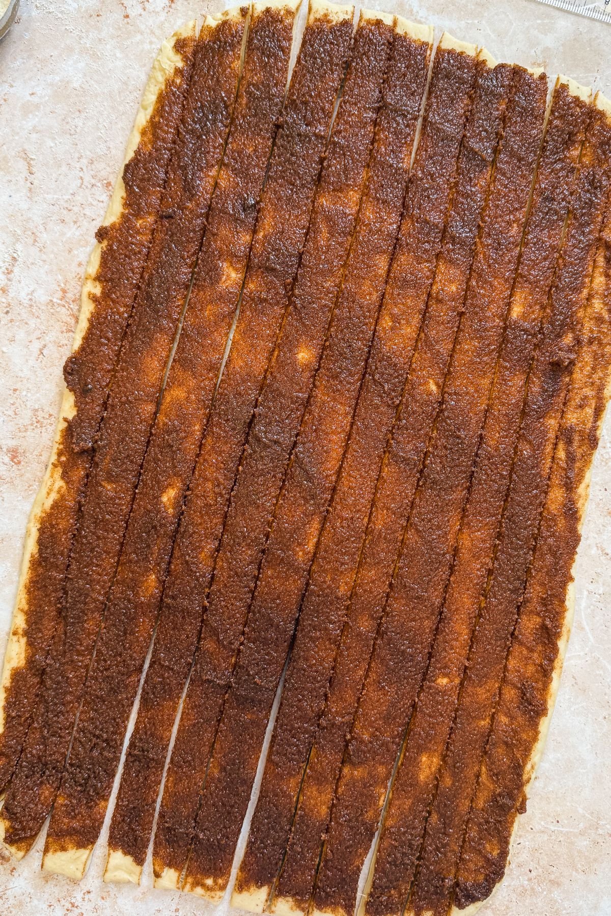 a rectangular sheet of dough with cinnamon sugar spread on top, and cut into 12 thin strips