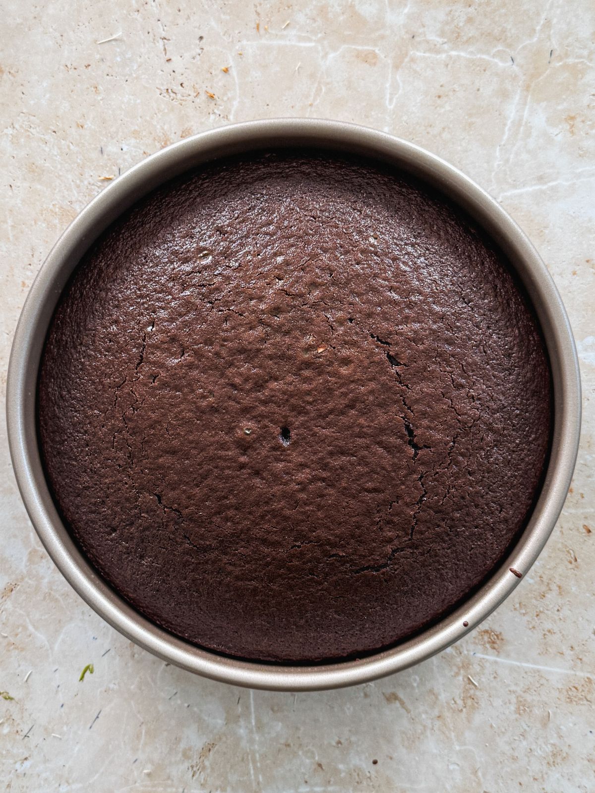 baked chocolate cake in a round cake pan