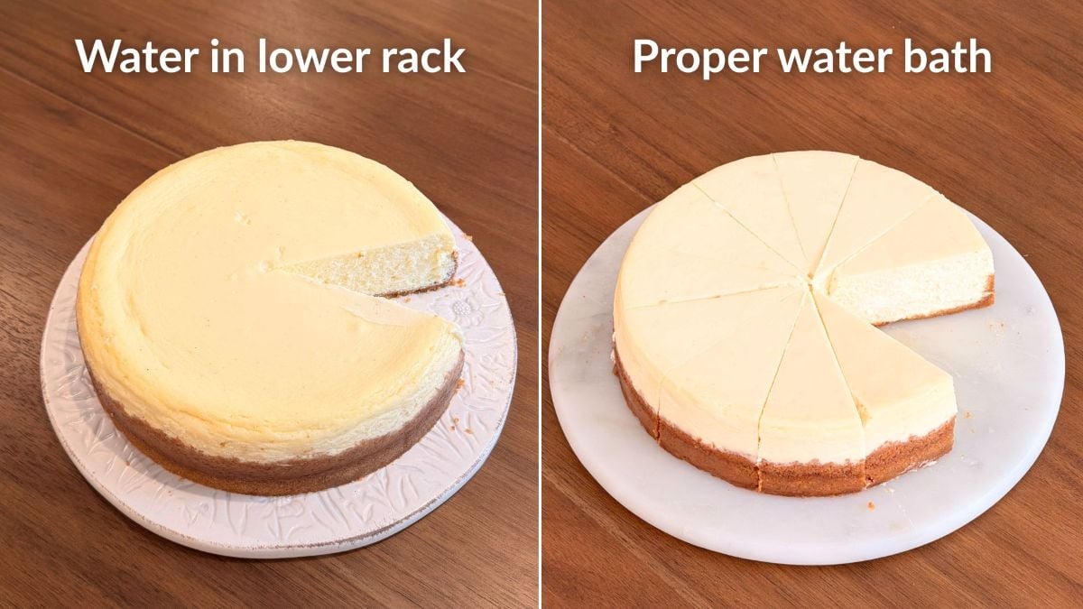 Side-by-side comparison of two cheesecakes. Left: cheesecake with cracked top labeled Water in lower rack. Right: smooth cheesecake labeled Proper water bath, both with a slice removed, on wooden table.