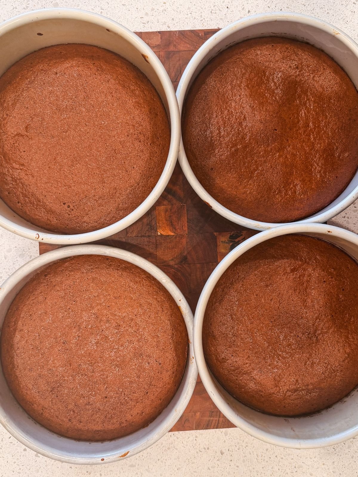 Four round baking pans filled with freshly baked gingerbread cakes are arranged close together on a wooden board, viewed from above. The cakes have smooth, slightly domed tops and a rich brown color.