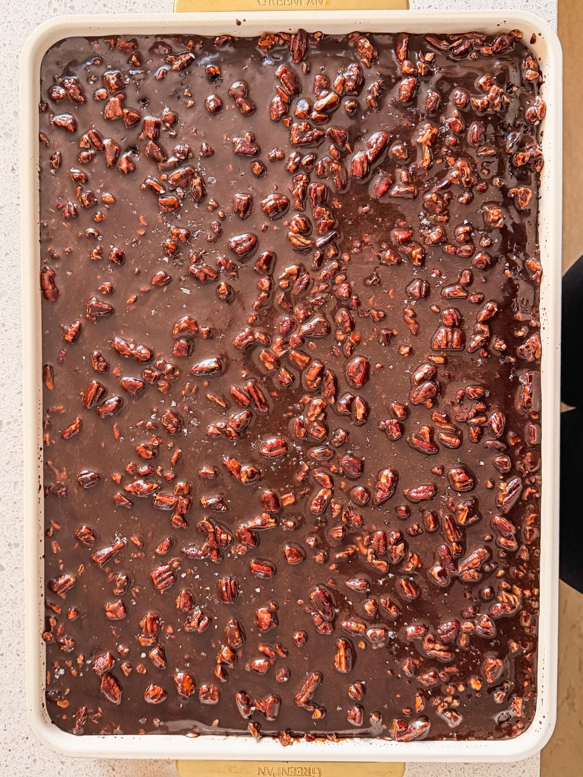 A baking pan filled with chocolate cake topped with glossy chocolate icing and chopped pecans, spread evenly across the surface.