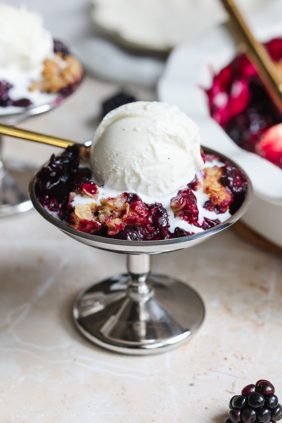 A metal dessert dish filled with blueberry crumble, topped with a scoop of vanilla ice cream. A spoon rests in the dish, and more cobbler can be seen in the background.