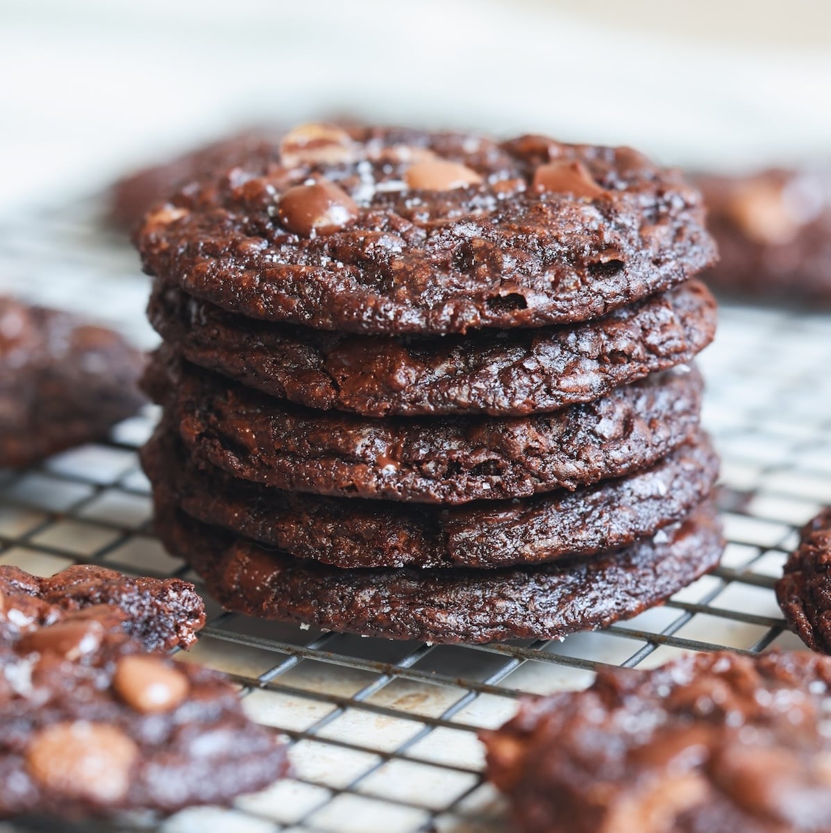A stack of five brownie chocolate cookies with chocolate chips sits on a cooling rack, surrounded by more cookies in the background.