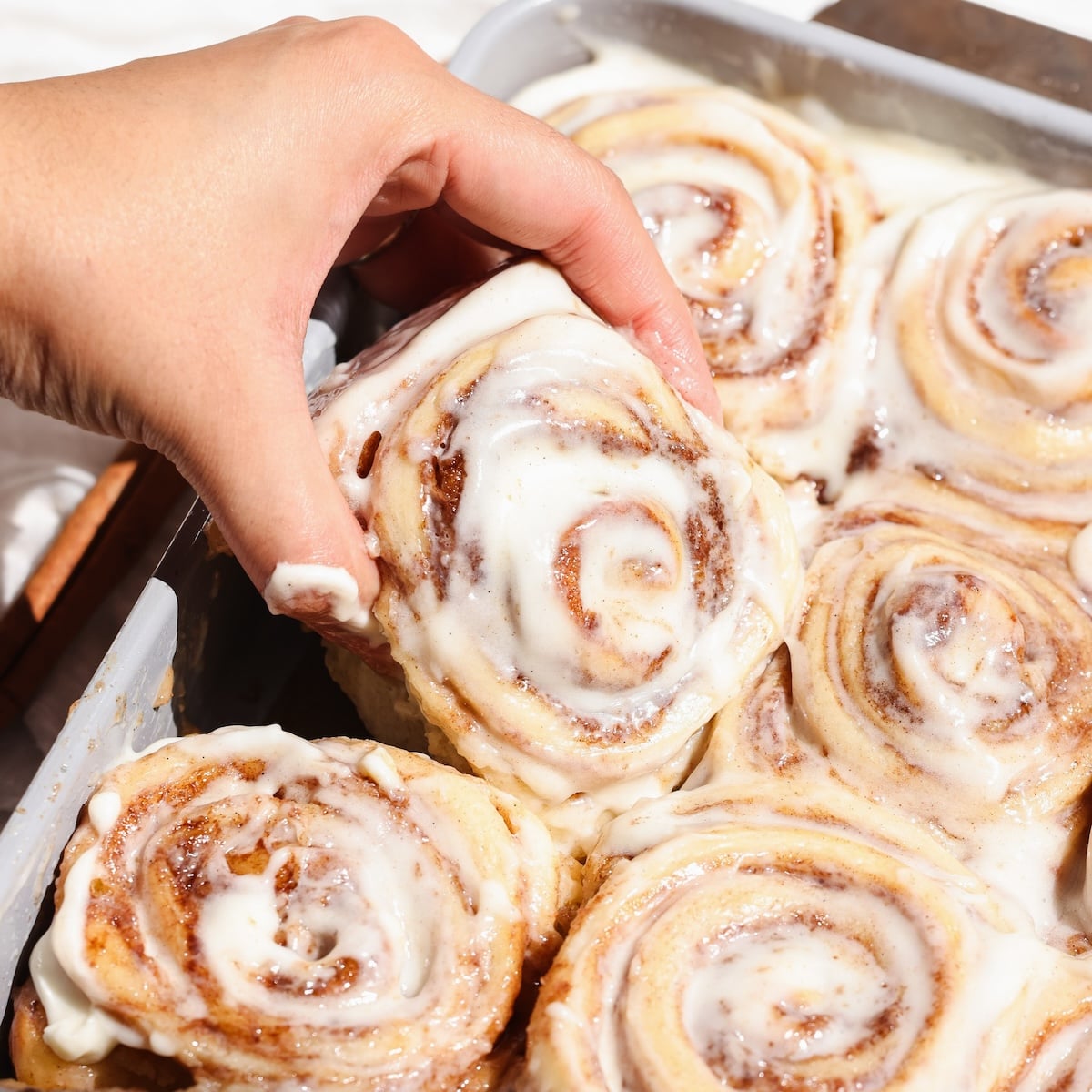 A hand is picking up a frosted cinnamon roll from a tray filled with other cinnamon rolls, all covered in white icing.