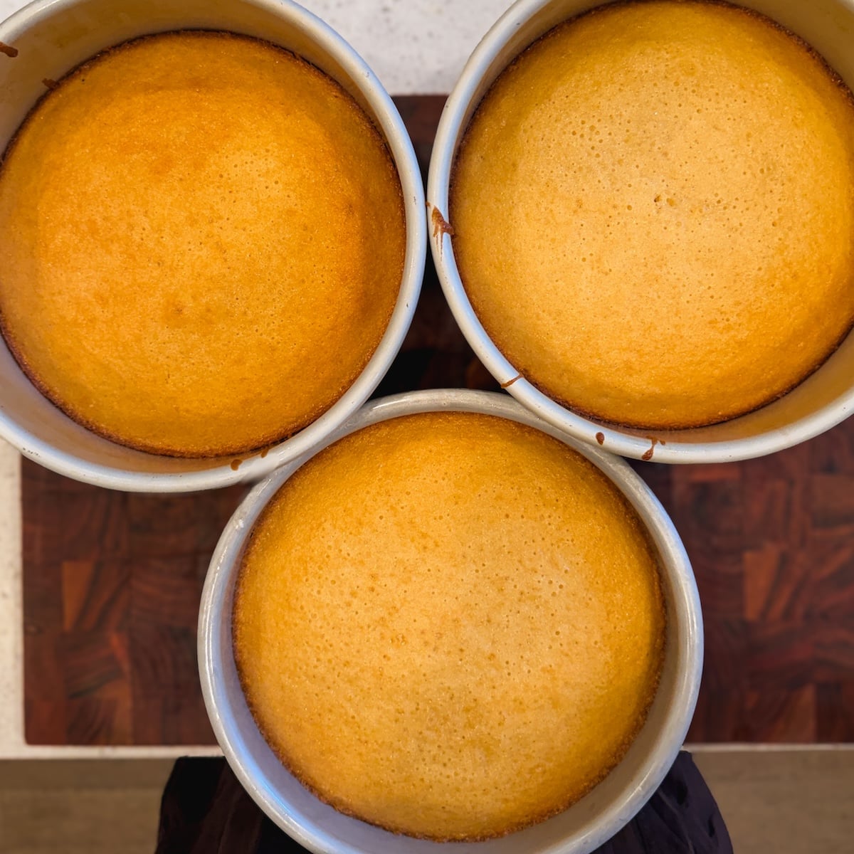 Three round, golden-brown vanilla cakes in metal pans are arranged closely together on a wooden surface, viewed from above. The cakes have smooth, even tops and are freshly baked, ready for cooling or decorating.