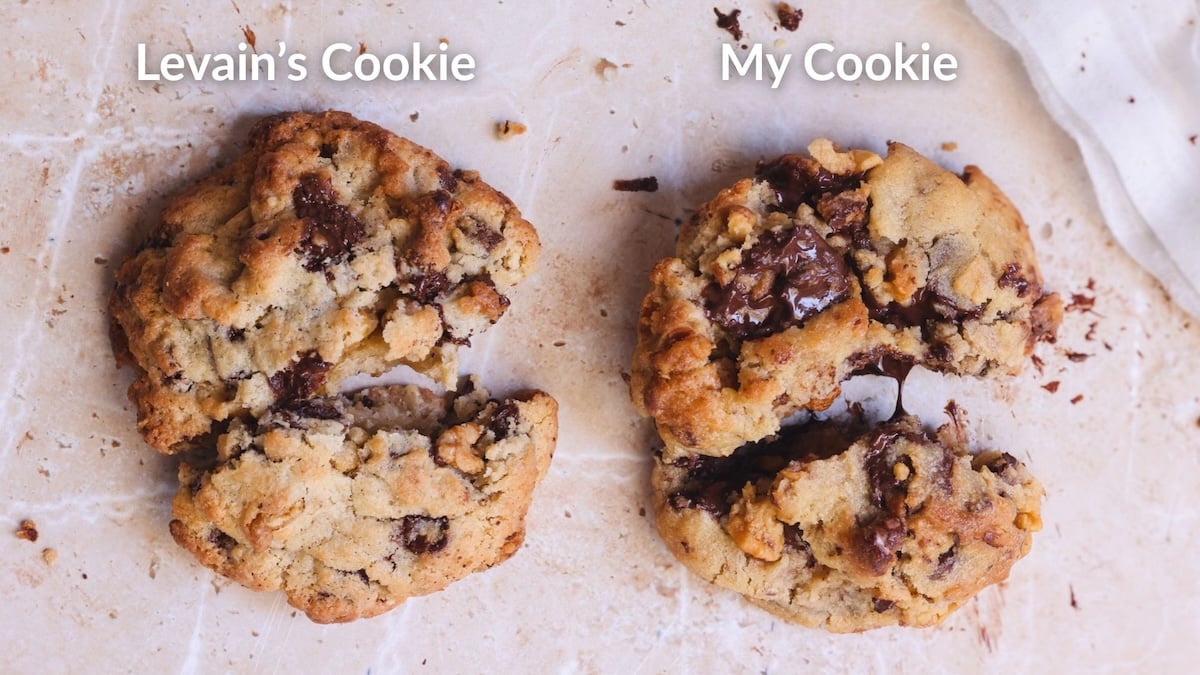 Two large chocolate chip walnut cookies broken in half, labeled Levains Cookie on the left and My Cookie on the right. The cookies look identical but the one on the right has more chocolate