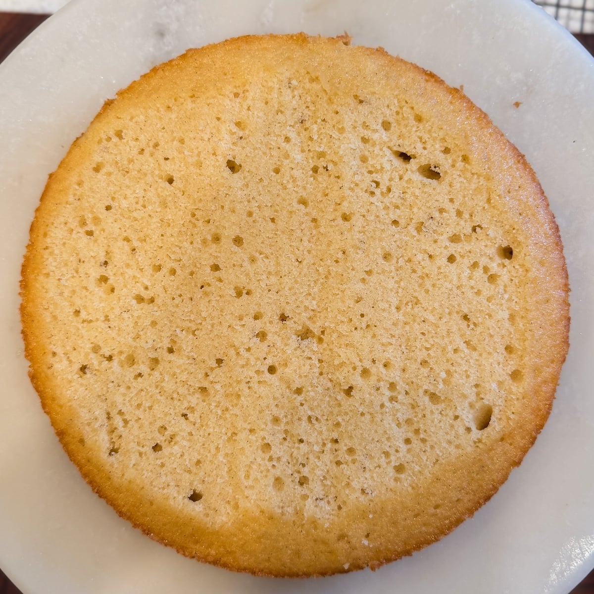 A round, golden-brown vanilla cake with a lightly textured top sits on a white surface. The cake appears freshly baked, with small holes and an even edge visible around its circumference.